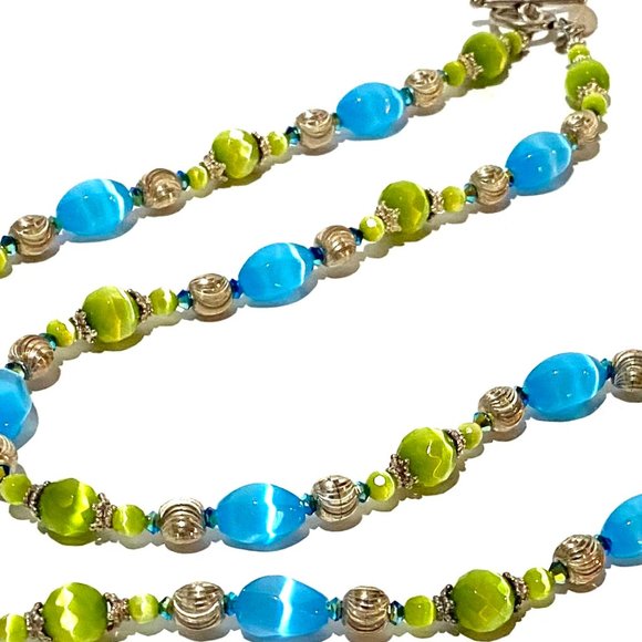 Handmade Blue and Green Cats Eye Sterling Silver 22 Inch Artisan Beaded Necklace - Picture 9 of 11